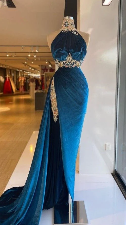 Robe de soirée en velours à col haut, superbe robe de bal avec appliques nv505