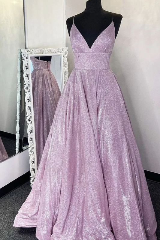 Glänzendes, rückenfreies, violettes, langes Ballkleid mit V-Ausschnitt, funkelndes, rückenfreies, violettes Abendkleid nv130