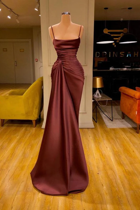 Robe de bal sirène bordeaux à bretelles spaghetti et volants longue nv150