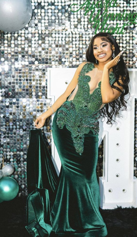 Green evening dress custom made black girl mermaid prom gowns nv241
