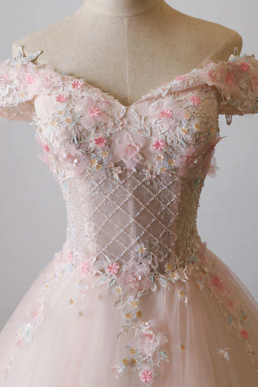 Pink off shoulder tulle lace long prom dress, pink evening dress nv884