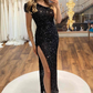 Elegant Black Sequins Fitted Long Prom Dress,Short Sleeve Slit Evening Gowns nv352
