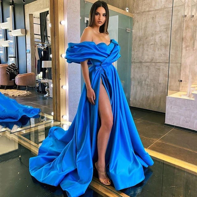 Prom Party Dresses High Split Robe De Soiree Royal Blue Evening Gowns nv493