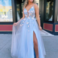 Sky Blue V-neck Tulle Long Prom Dress with Appliques,Popular Evening Dress,Fashion Embroidery Winter Formal Dress nv273
