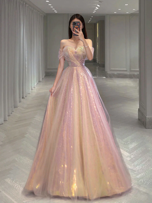 A Line Tulle Sequin Long Prom Dress, Off Shoulder Formal Graduation Dress nv425