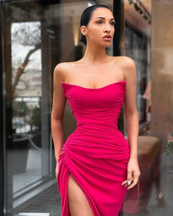Sexy Mermaid Strapless Hot Pink Long Prom Dresses with Slit nv249