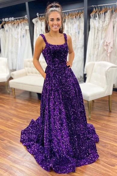 Straps Grape Square Neck Sequins Prom Dress with Pockets nv262