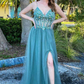 Pretty A-Line V-Neck Teal Beaded Long Prom Dress with Slit nv442