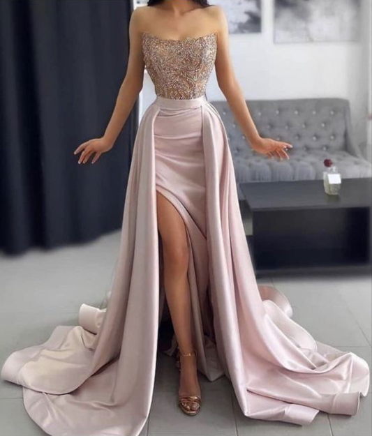 Robe de bal longue rose glamour avec fente nv399