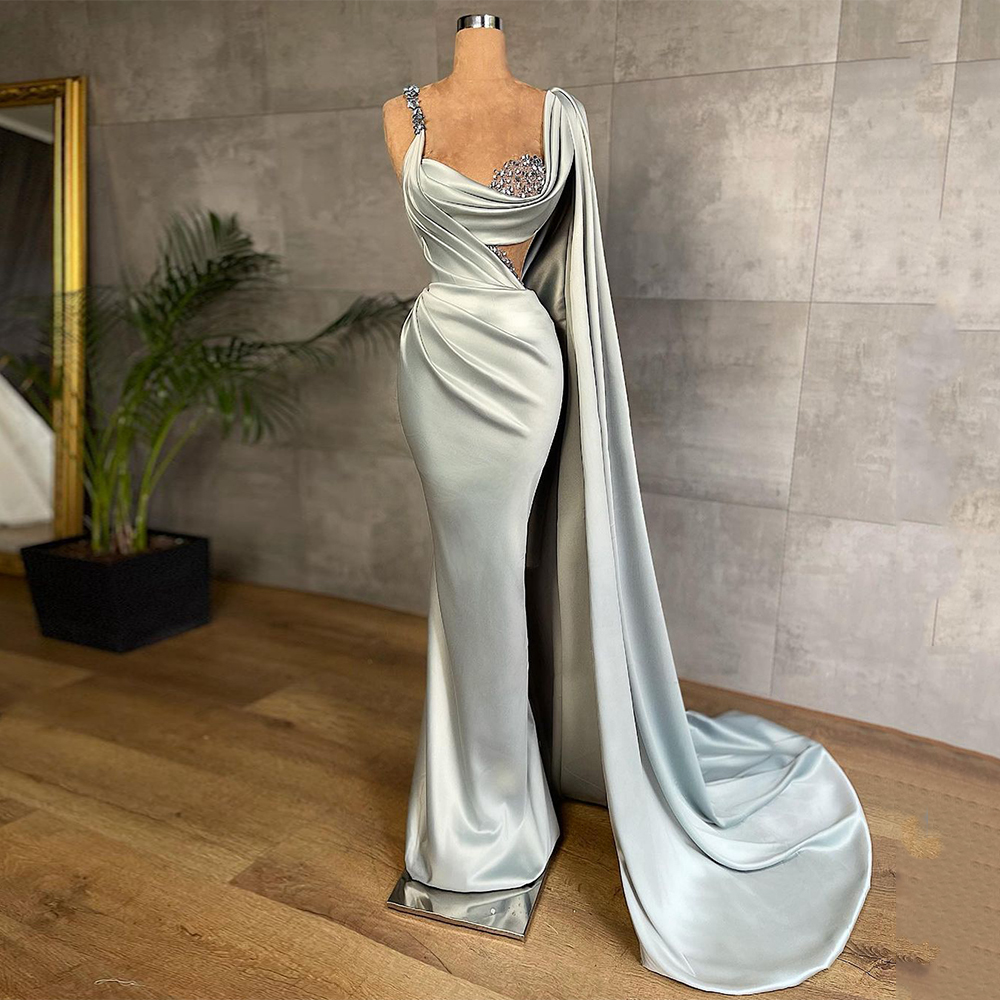 Mermaid Evening Dress Prom Gowns Sexy Beaded Stones Pleat Satin Formal Party Dresses with Long Shawl nv356