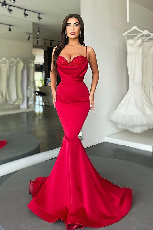 Sexy rotes Meerjungfrau-Ballkleid mit Spaghettiträgern lang im Angebot nv162