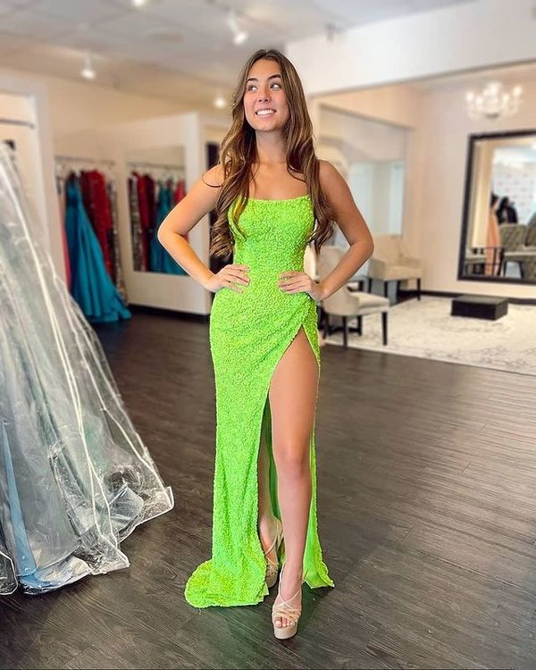 Sparkly Mermaid Scoop Neck Neon Green Prom Dresses with Slit nv257 – NiceVestidos