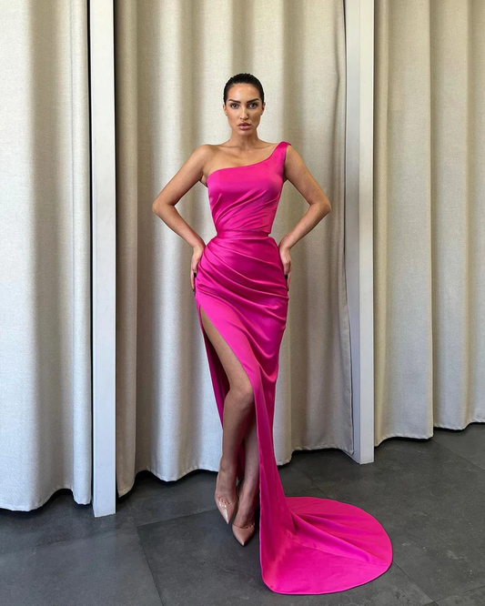 Charming Mermaid One Shoulder Hot Pink Satin Long Prom Dresses with Slit nv318