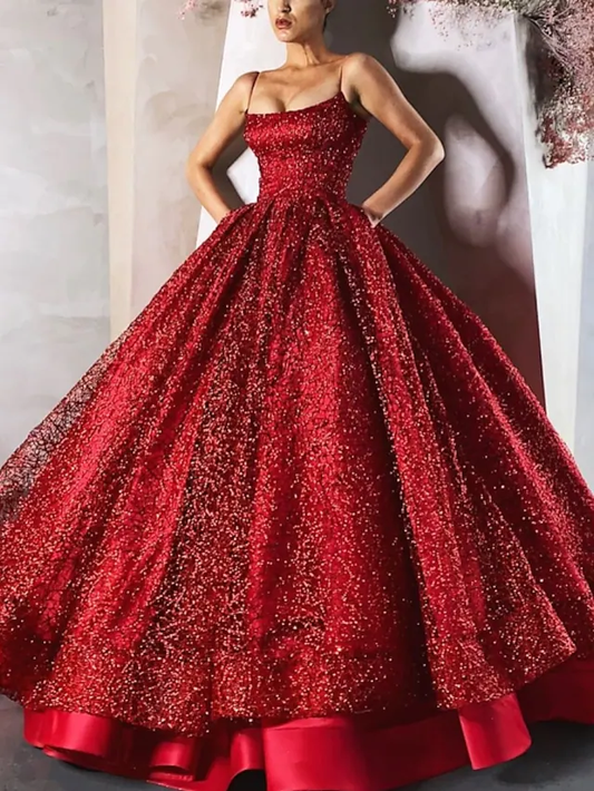 Ball Gown Evening Gown Luxurious Dress Engagement Floor Length Sleeveless Spaghetti Strap Satin with Sequin Tie nv396