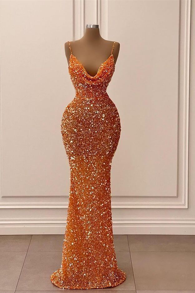 Sequins  V-Neck Mermaid Spaghetti-Straps Orange Long Prom Dress nv282
