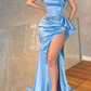 Elegant Sky Blue Off-the-shoulder Sleeveless Beading Prom Dress With Slit nv328
