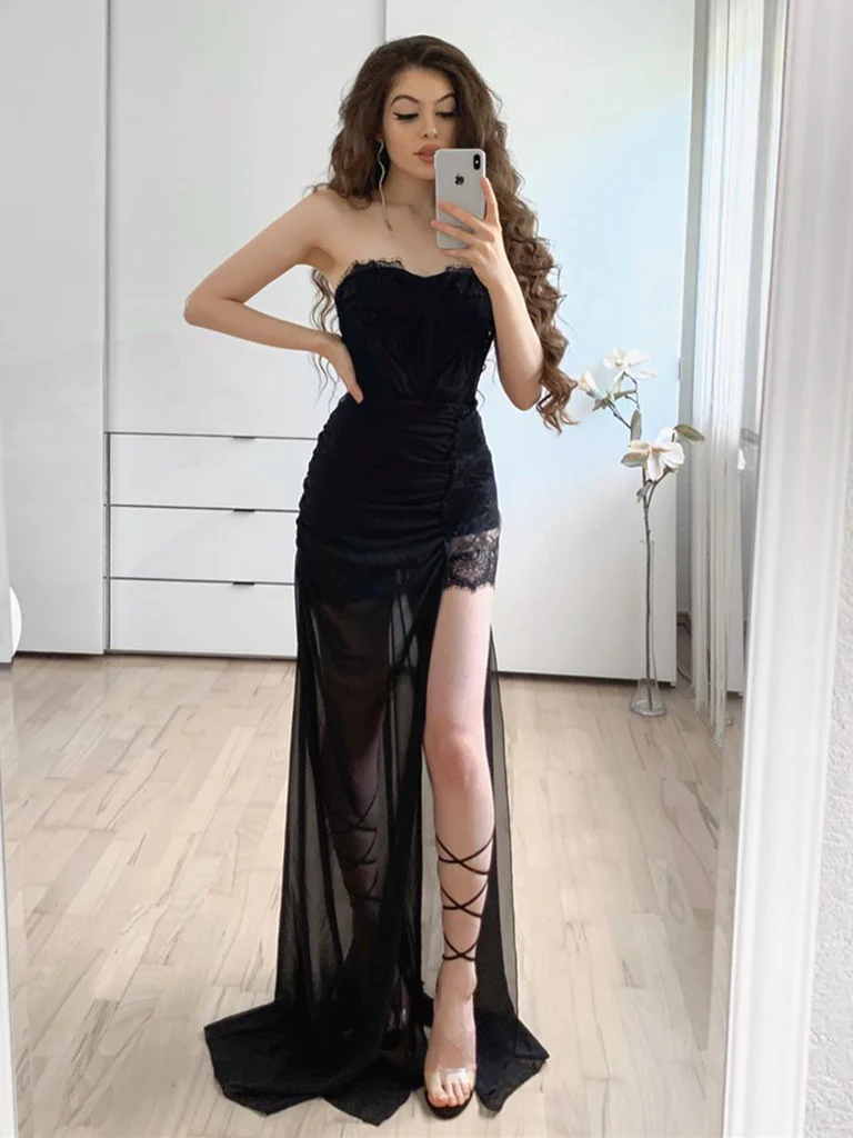 Strapless Black Lace Prom Dresses, Black Lace Formal Evening Bridesmaid Dresses  nv212