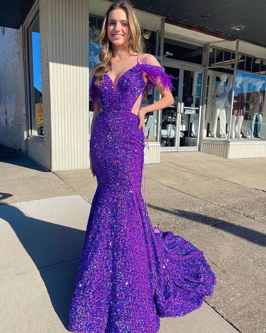 Charming Mermaid Purple Sequins Long Prom Dresses with Feather nv466
