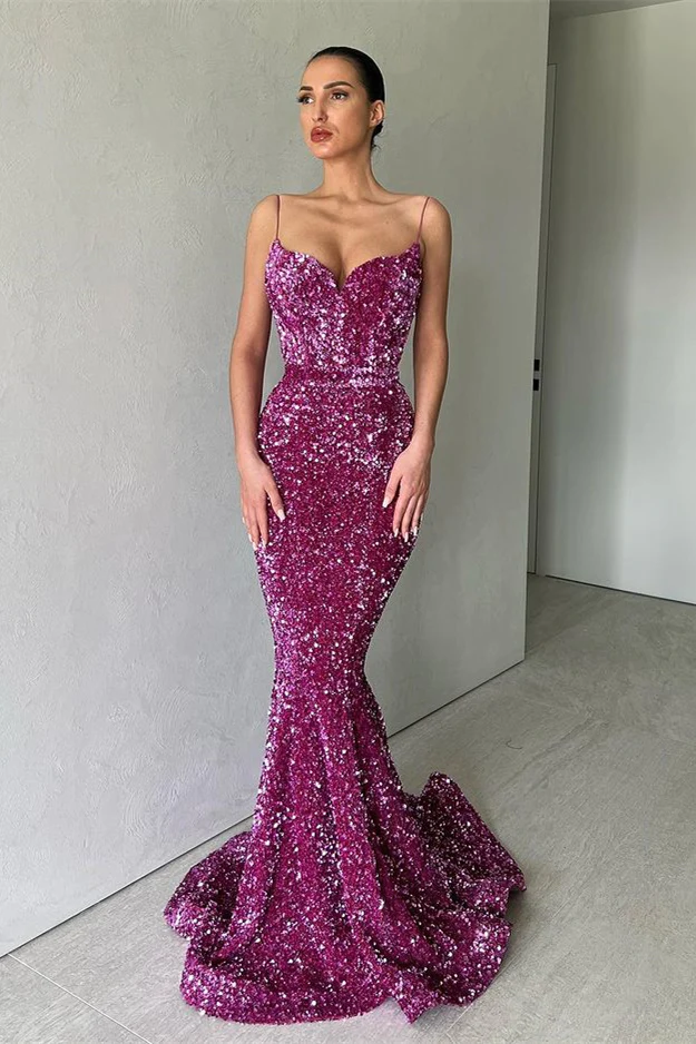 Sparkle Purple Spaghetti Strap Sequin Mermaid Long Prom Dresses nv182