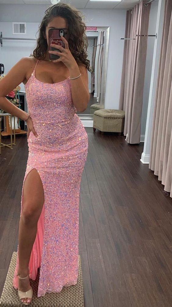 Glitter Pink Sequins Long Prom Dress with Slit nv289