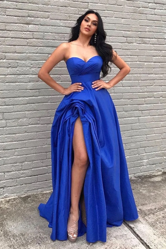Robe de soirée longue bleue à col en cœur et à coupe haute et basse, robe de soirée formelle sans bretelles bleue nv332