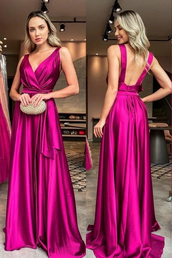 Elegant A-Line Satin Flush Evening Dress Fuchsia V Neck Open Back Evening Dress nv484