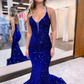 Cute Mermaid V Neck Royal Blue Sequins Prom Dresses nv462