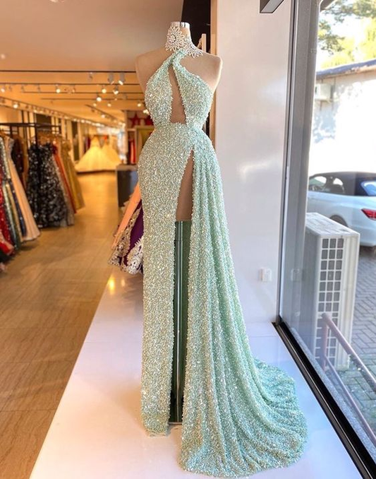 modest sparkly evening dresses long mint green Lace Applique luxury elegant formal evening gown nv482