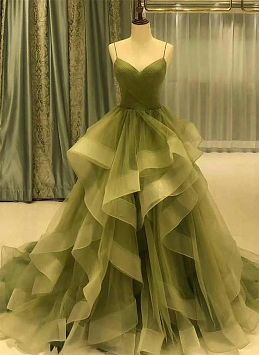 Langes Abendkleid aus Tüll mit grünen Trägern und herzförmigem Ausschnitt, Ballkleid aus grünem Lagen-Tüll nv494