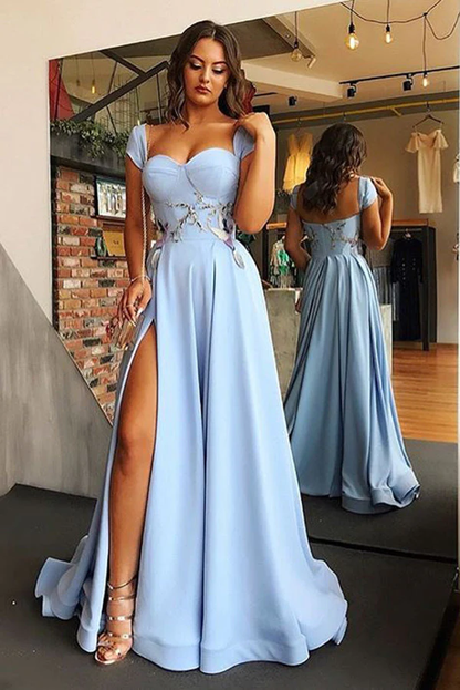 A Line Cap Sleeve Sweetheart Long Split Prom Dress with Appliques  nv486
