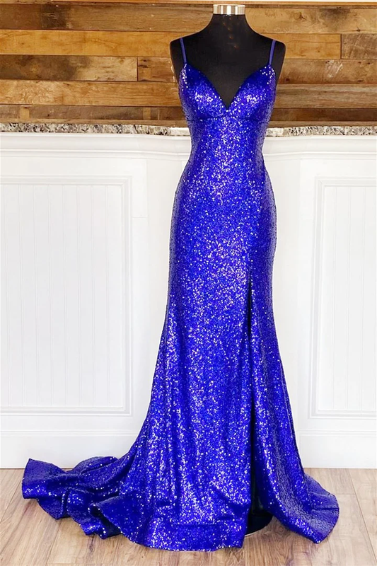 Glitzerndes königsblaues rückenfreies Meerjungfrau-Ballkleid mit Pailletten nv335