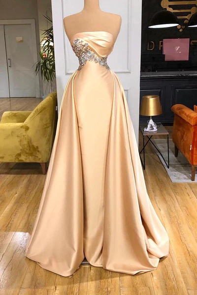 ROBE DE BAL LONGUE SANS BRETELLES CHAMPAGNE AVEC CRISTAUX nv358