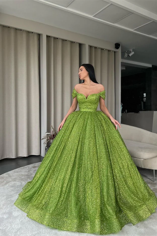Elegant Off-the-Shoulder Green A-line Sequined Prom Dress nv323