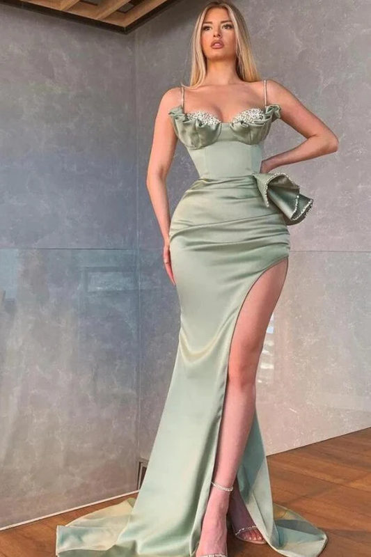 Elegant Dusty Sage Spaghetti Straps Mermaid Prom Dress With Slit  nv374