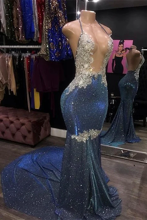 Robe de soirée longue à paillettes scintillantes, dos nu, décolleté en V profond, avec traîne nv142