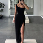 Black One Shoulder Prom Dress with High Leg Slit, One Shoulder Black High Slit Formal Evening Dresses nv384