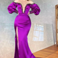 Purple Long Sleeves Mermaid Prom Dress Off-the-Shoulder Slit With Crystal nv417