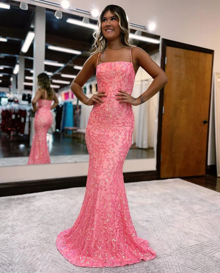 Charming Mermaid Straps Coral Sequins Lace Long Prom Dresses nv347