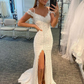 Cold Shoulder White Beading Lace Mermaid Prom Dress with Side Slit nv989