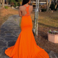 Jewel Sheer Sleeveless Appliques Orange Mermaid Prom Dresses with Side Spli nv945