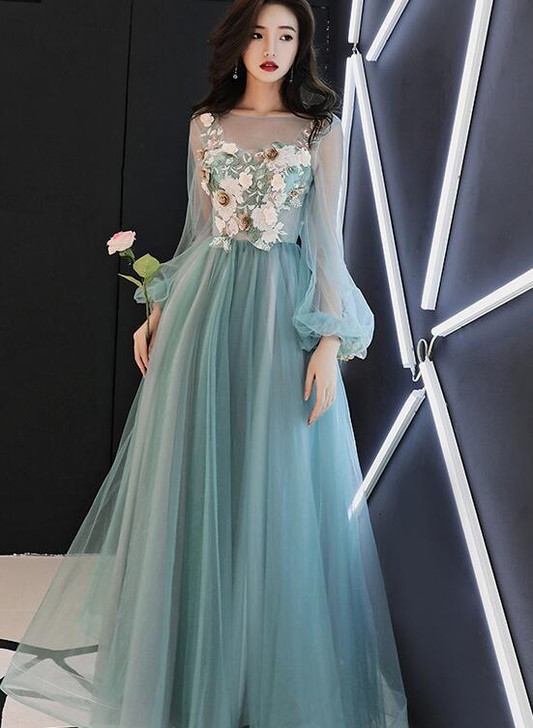 Robe de soirée longue en tulle vert clair avec fleurs, robes de soirée longues nv455