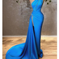 Sexy Blue Sheath One Shoulder High Slit Cheap Long Prom Dresses nv415