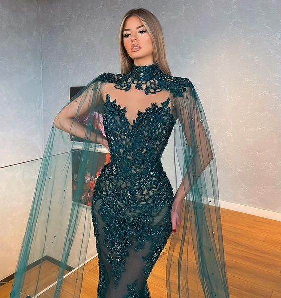 2023 New Two Pieces Mermaid Evening Dresses with Cape Dark Green Lace Prom Gown Long Formal Party Dress  nv938
