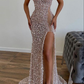 Sequins prom dress high split plus size satin bridel dress evening nv245