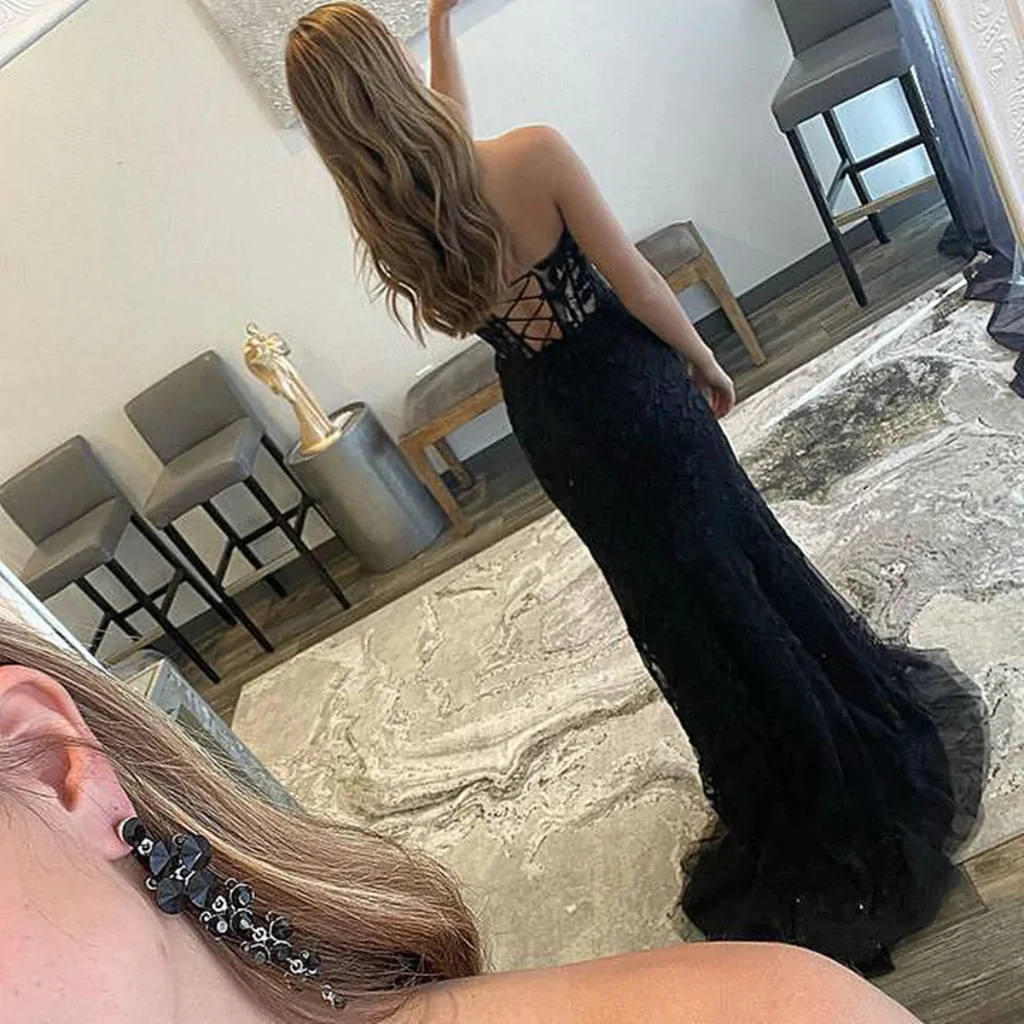 Strapless Mermaid Beaded Black Lace Long Prom Dresses nv404
