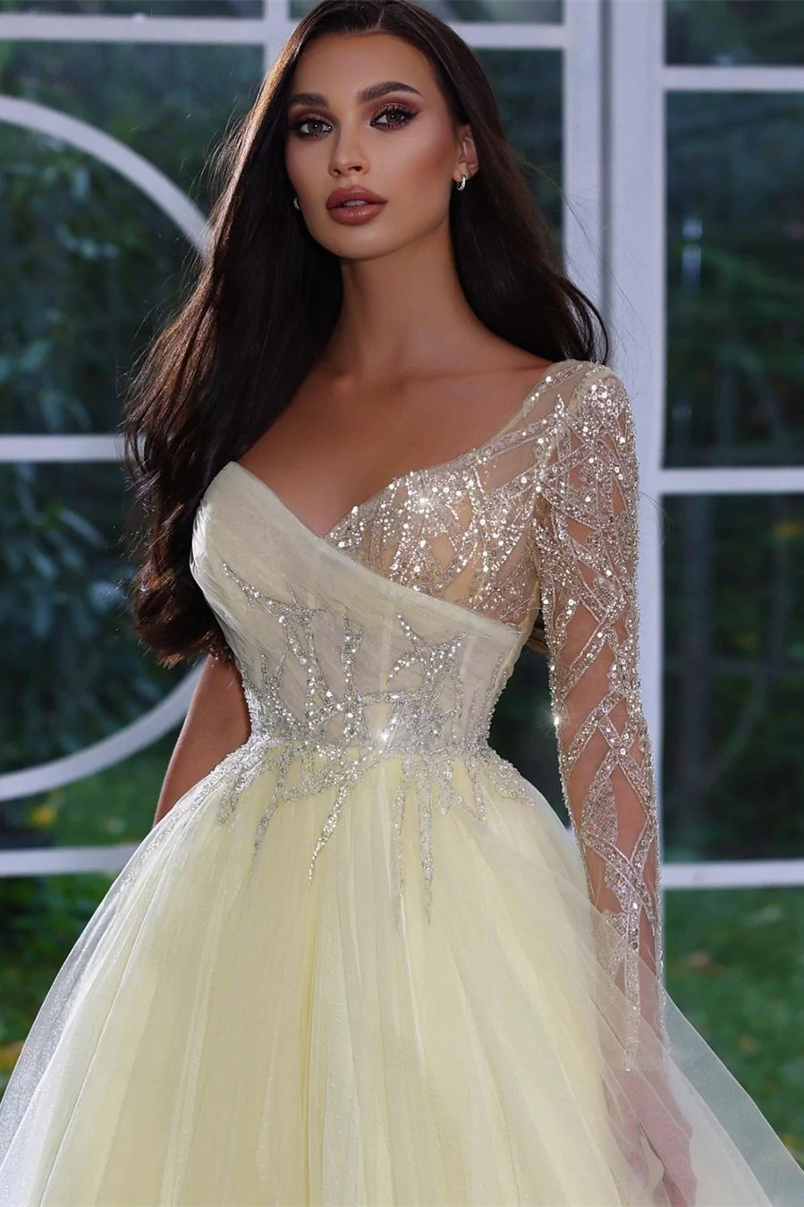 Charming A-line Long Sleeves Prom Dress With Beads Sequins nv169
