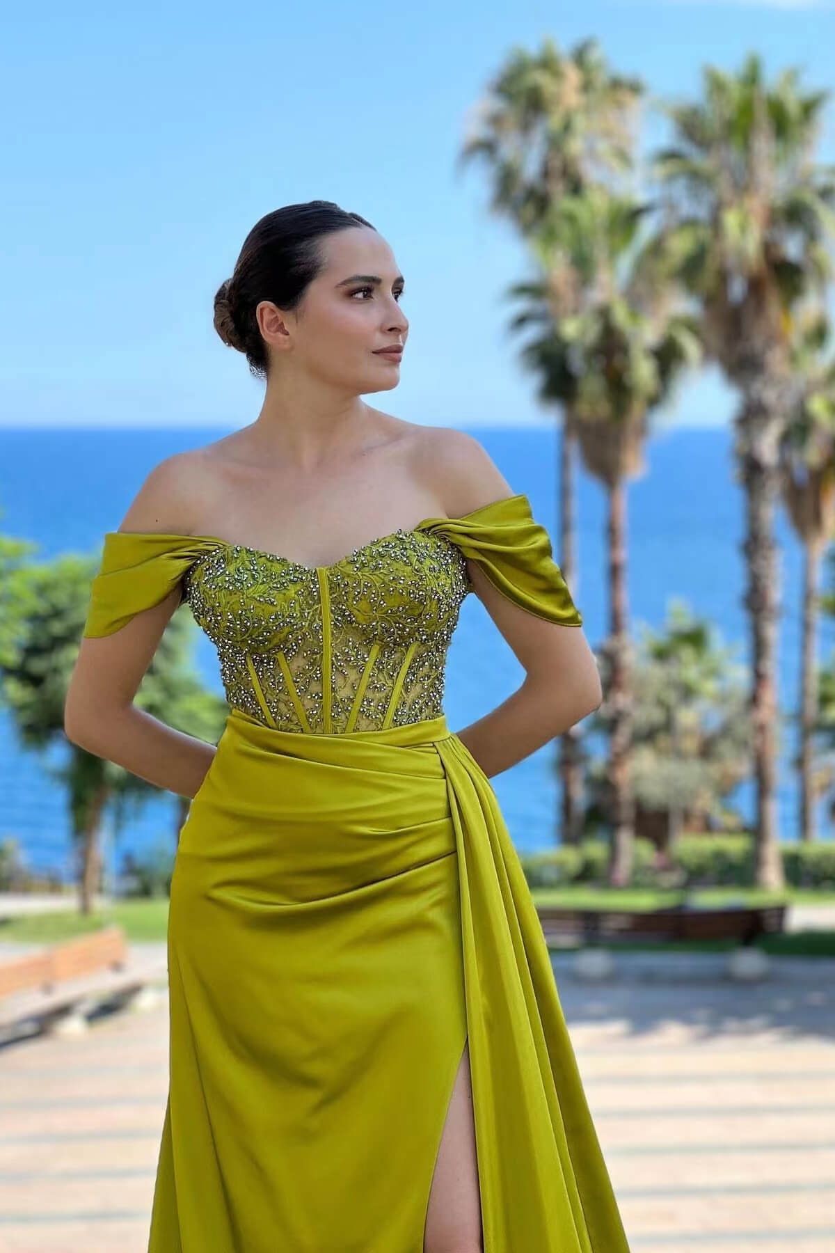 Olive Green Off-the-Shoulder Prom Dress Slit With Beads nv509
