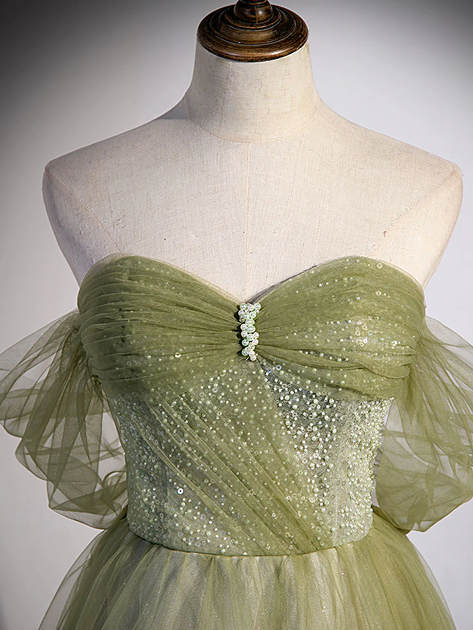 A Line Green Tulle Long Prom Dress, Green Formal Evening Dress with Beading nv549