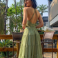 Fairy A-Line V Neck Sage Green Tulle Long Prom Dreeses Summer Formal Party Dresses nv522
