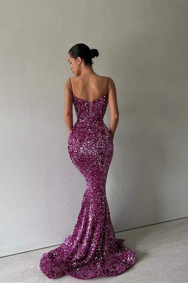 Sparkle Purple Spaghetti Strap Sequin Mermaid Long Prom Dresses nv182